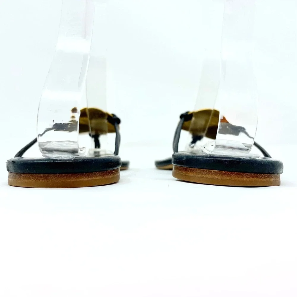 TORY BURCH BLACK LEATHER HAMMERED GOLD DISC THONG SANDALS SIZE 7